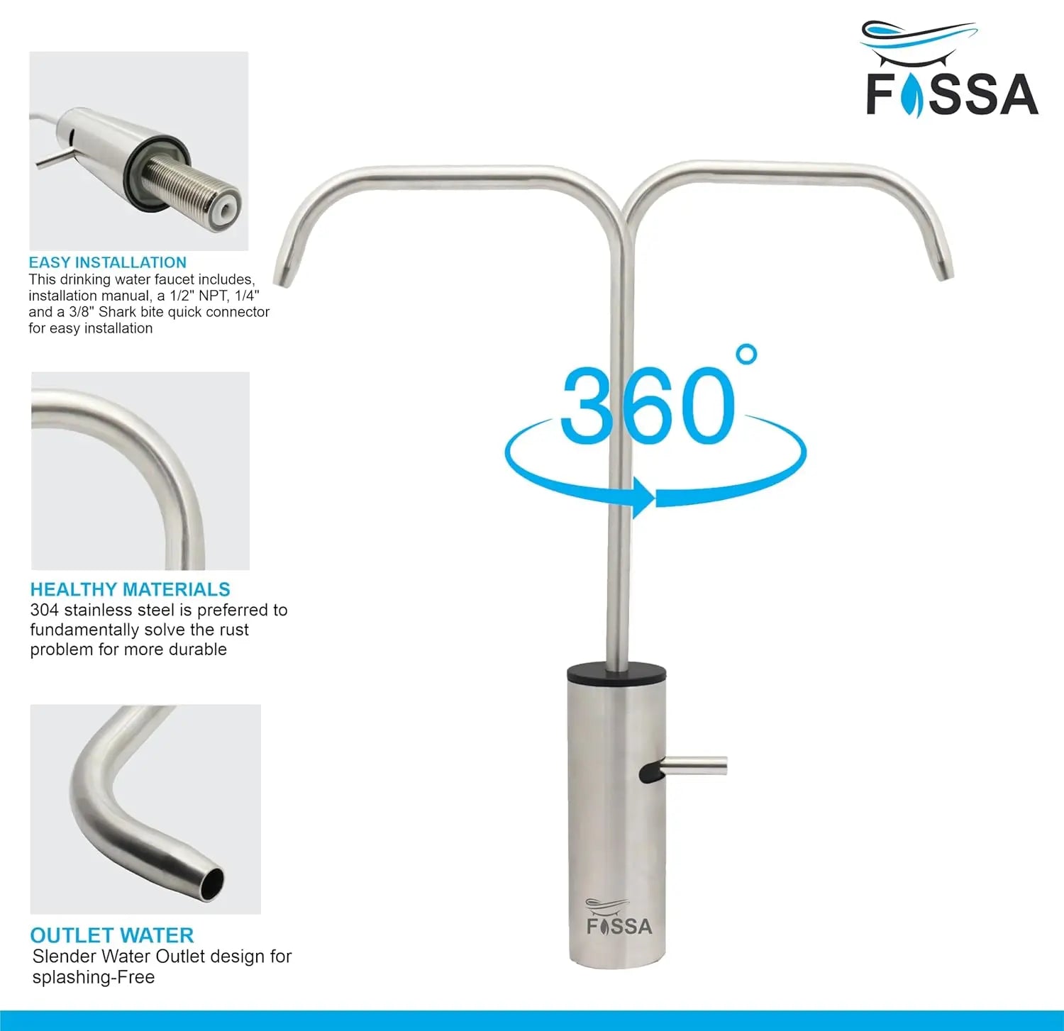 Fossa Opera L Bend RO Tap Kitchen Water Filter Faucet, 100% Lead-Free Drinking Water Faucet Stainless Steel Brushed Nickel Finish (Silver)